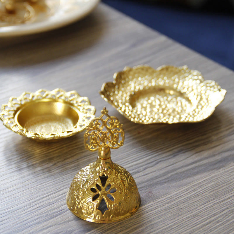 Gold Leaf Coaster Incense Burner disassembled three-piece set with lid dome leaf tray, alloy incense burner