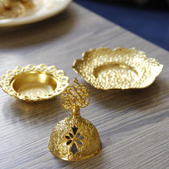 Gold Leaf Coaster Incense Burner disassembled three-piece set with lid dome leaf tray, alloy incense burner