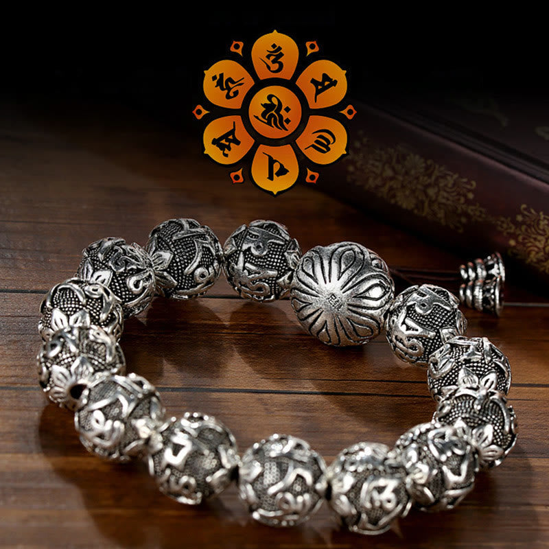 Om Mani Padme Hum Bracelet – Carved silver beads on dark wood with lotus mandala overlay