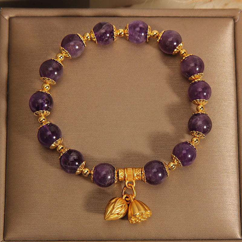 Natural Amethyst Lotus Healing Bracelet - purple gemstone beads gold caps on champagne velvet, serene