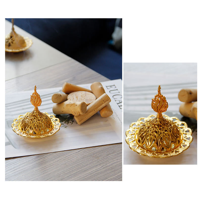 Gold Alloy Mini Incense Burner – side-by-side product and lifestyle views of arabesque dome lid, gold metal incense burner
