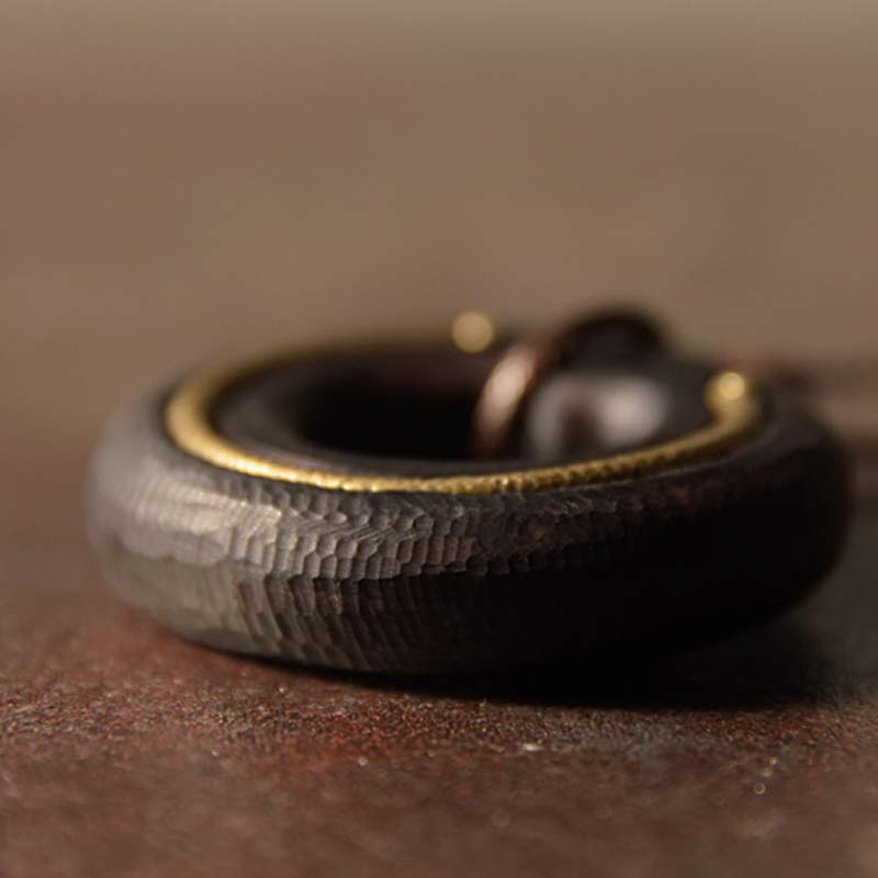 Dark Wood Ring with Gold Inlay - carved texture and polished brass trim detail, artisan men's wooden jewelry