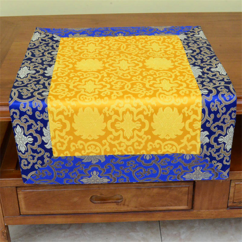 Dragon Vajra Altar Table Runner – Cobalt gold brocade on cabinet, floral accent, majestic