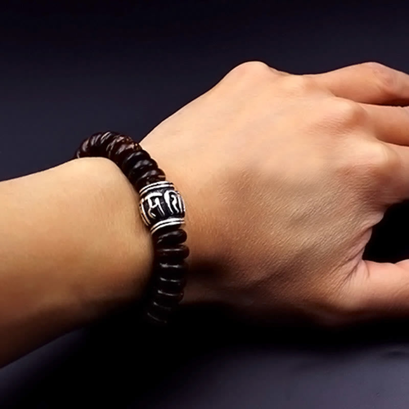 Om Mani Padme Hum Coconut Shell Bracelet – worn on wrist, men's spiritual bracelet