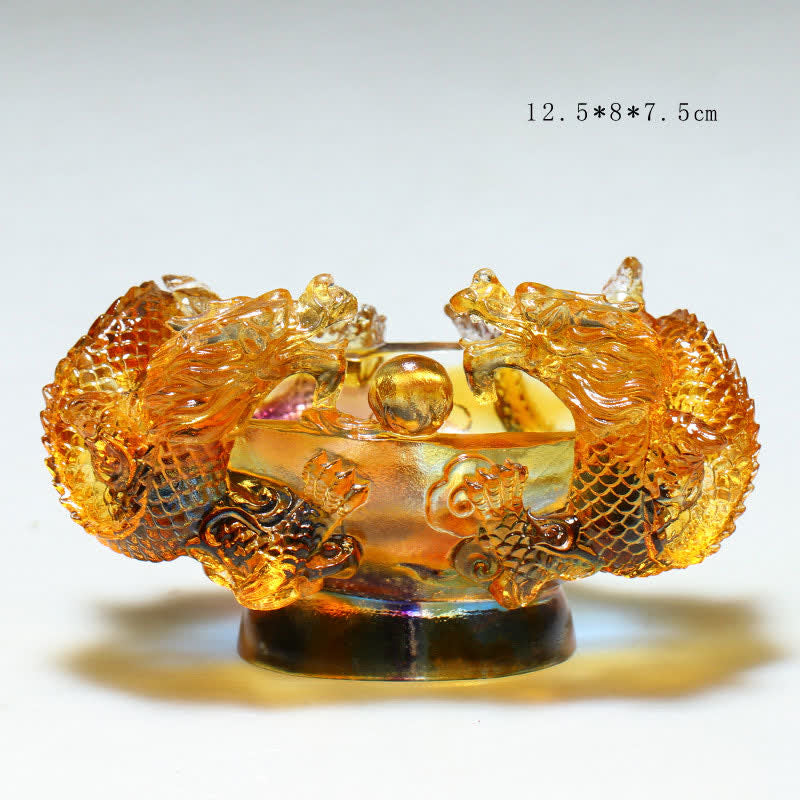 Liuli Dragon Art Piece 12.5cm – Golden amber twin dragons with pearl on white background, Fortune