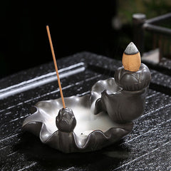Koi Fish Purple Clay Incense Burner – close-up of koi fish carving detail, handmade zisha clay craft
