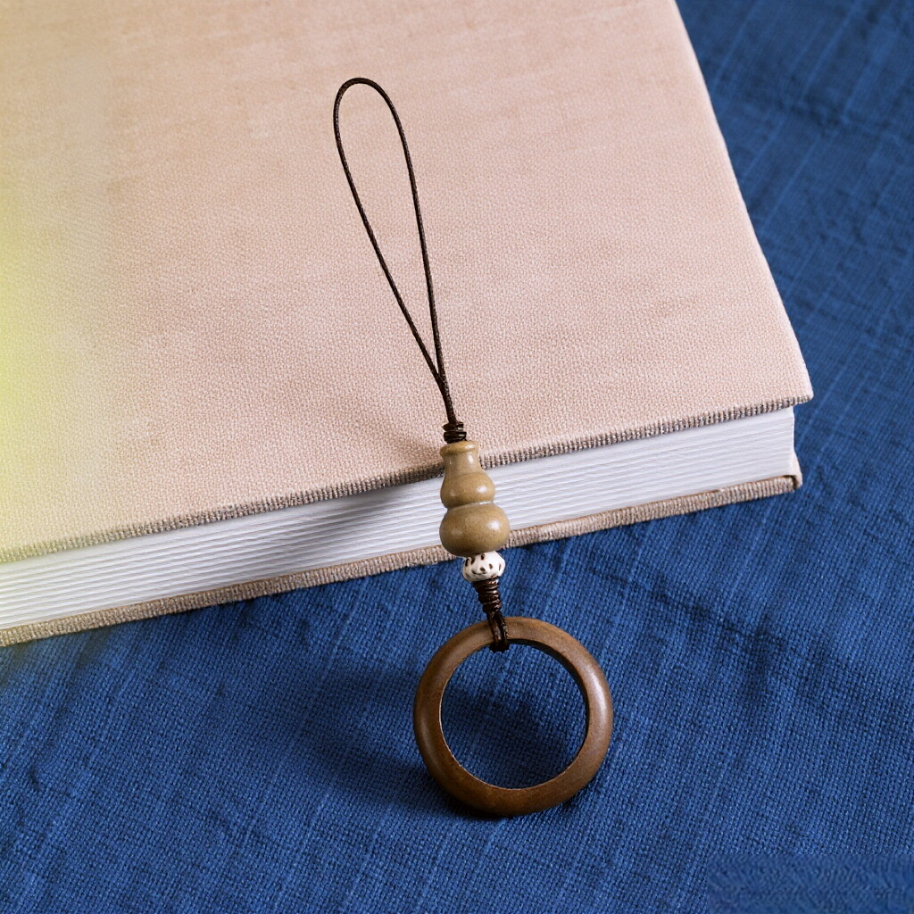 Sandalwood Phone Grip – Warm brown wood ring grip resting on beige book and navy fabric, earthy phone lanyard