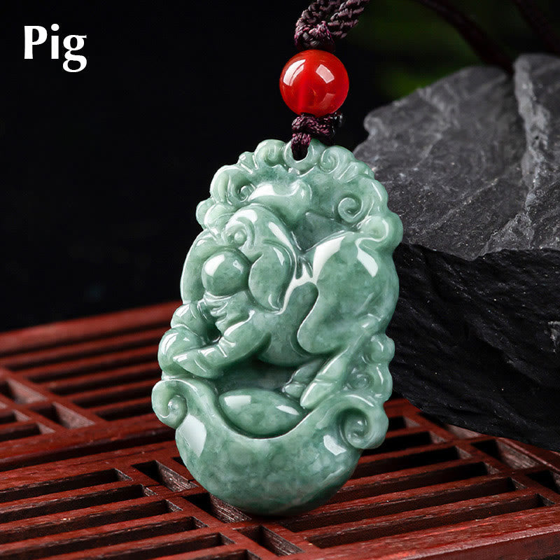 Jade Zodiac Prosperity Necklace – Pig with ruyi clouds on lattice, abundant, joyful