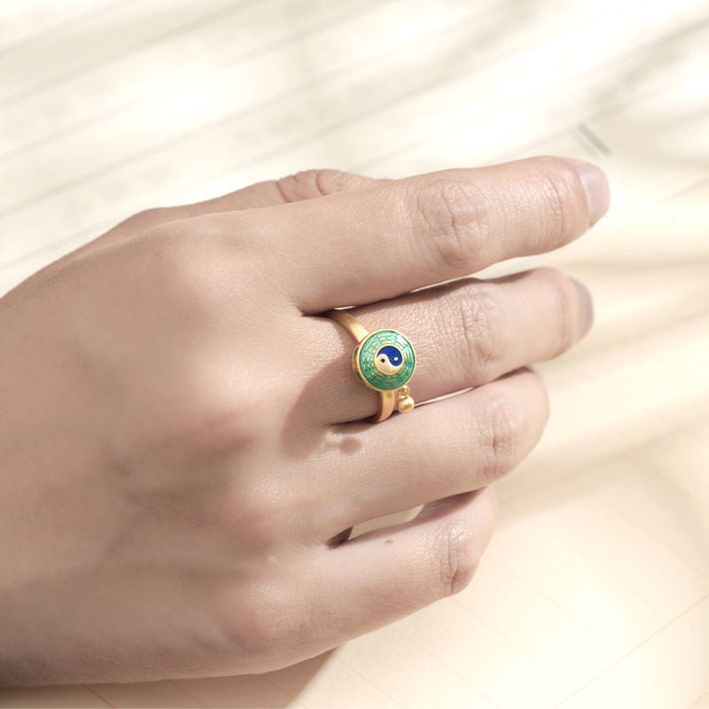 Yin Yang Copper Rotatable Ring - green enamel yin-yang bagua worn on hand, luck jewelry