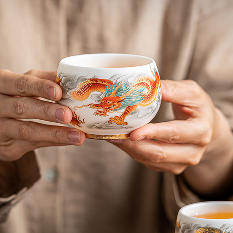 Dragon Phoenix Clouds Ceramic Teacup Gift Set – Phoenix in orange-amber and coral red, teal feathers, gold key-fret
