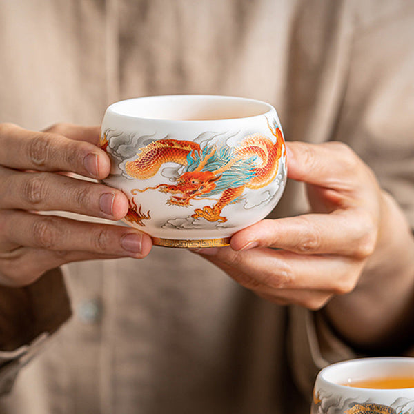 Dragon Phoenix Clouds Ceramic Teacup Gift Set – Phoenix in orange-amber and coral red, teal feathers, gold key-fret