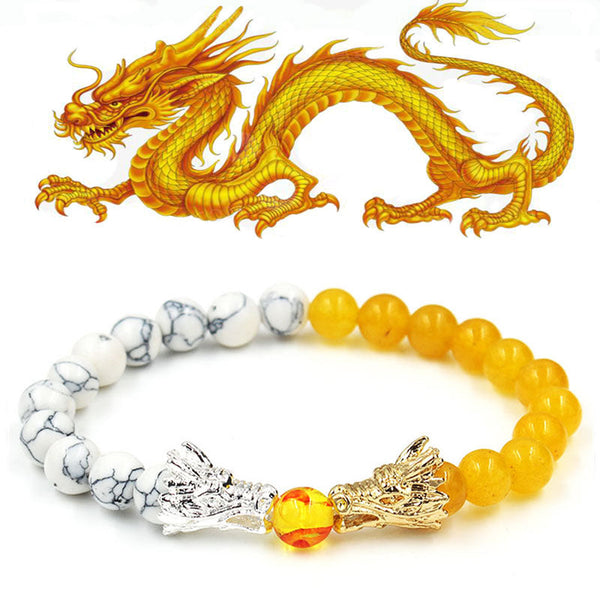 White Turquoise Lava Rock Dragon Bracelet – White yellow beads silver gold dragons faceted amber center, Lucky