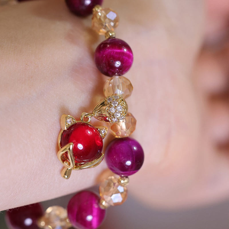 Red Tiger Eye PiXiu Fox Bracelet – Close-up gold fox charm red tiger eye beads, crystal bracelet