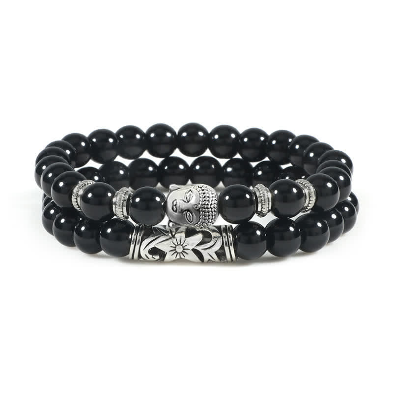 Tiger Eye Bracelet – Glossy black onyx beads with silver Buddha charm front view, strength jewelry