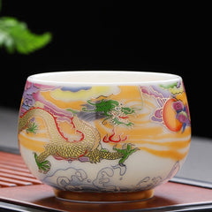 Dragon Phoenix Ceramic Teacup - Green-headed dragon on gold clouds against black, collectible