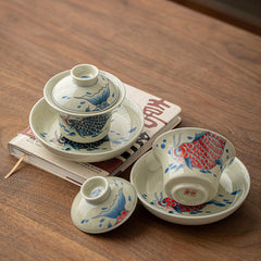 Koi Fish Gaiwan – angled top-down with lid on, sancai glaze colors, tea ware