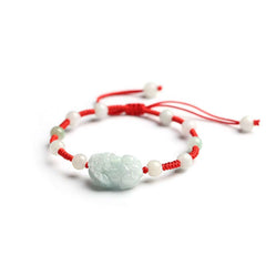 Natural Jade PiXiu Bracelet – white jade beads red cord white background, adjustable lucky charm