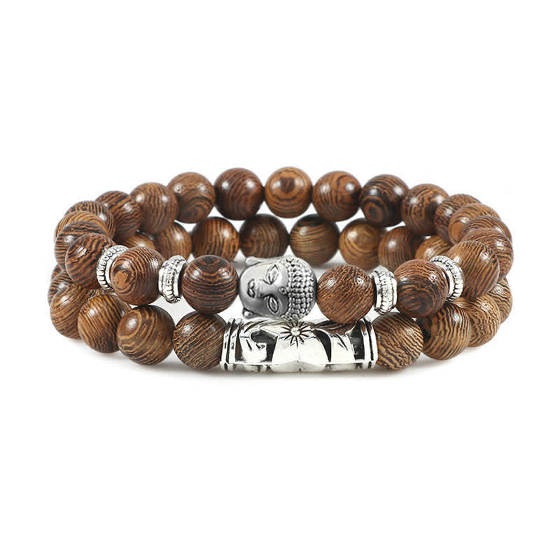 Natural Agate Buddha Protection Bracelet – Brown wenge wood grain beads with silver Buddha charm, natural wooden jewelry