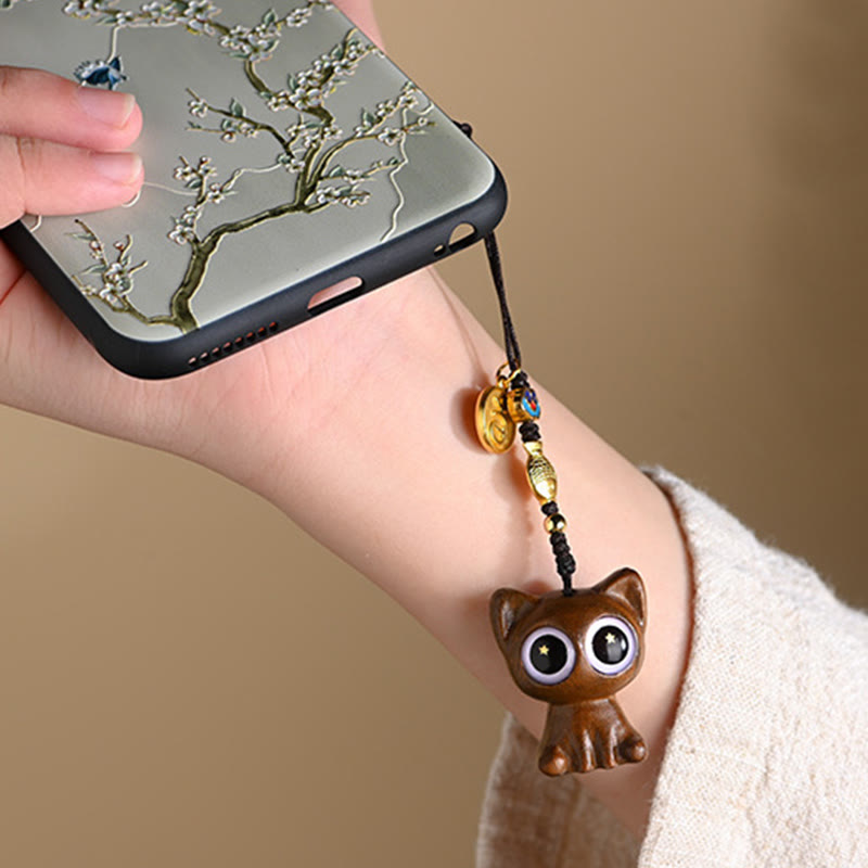 Green Sandalwood Key Chain – flat lay on linen, lucky cat and koi fish wooden charms