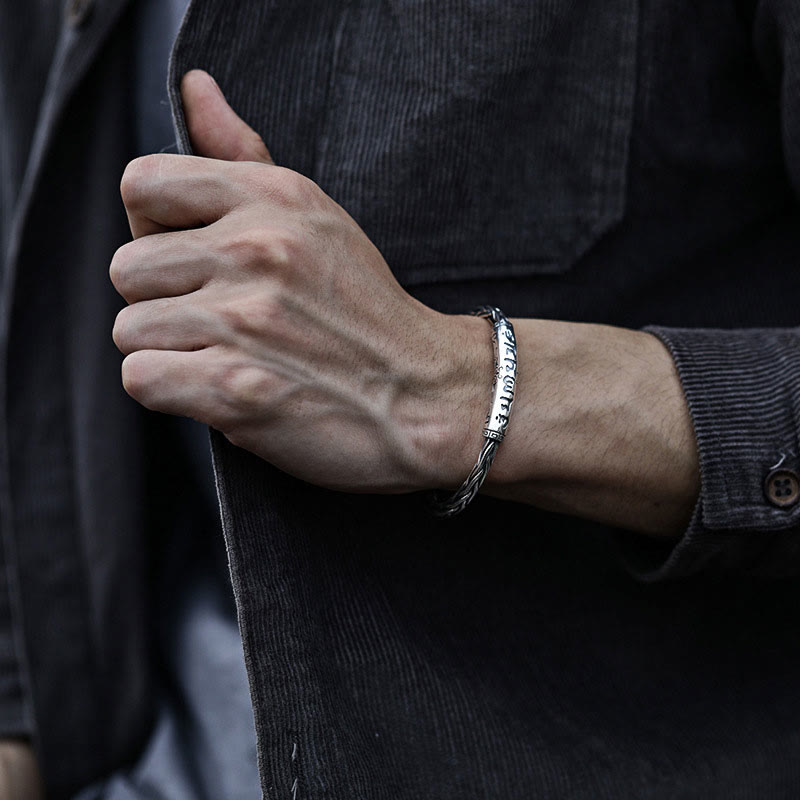Tibetan Om Mani Padme Hum Engraved Copper Cuff Bangle – Worn on male wrist with corduroy jacket, lifestyle shot, men copper bracelet