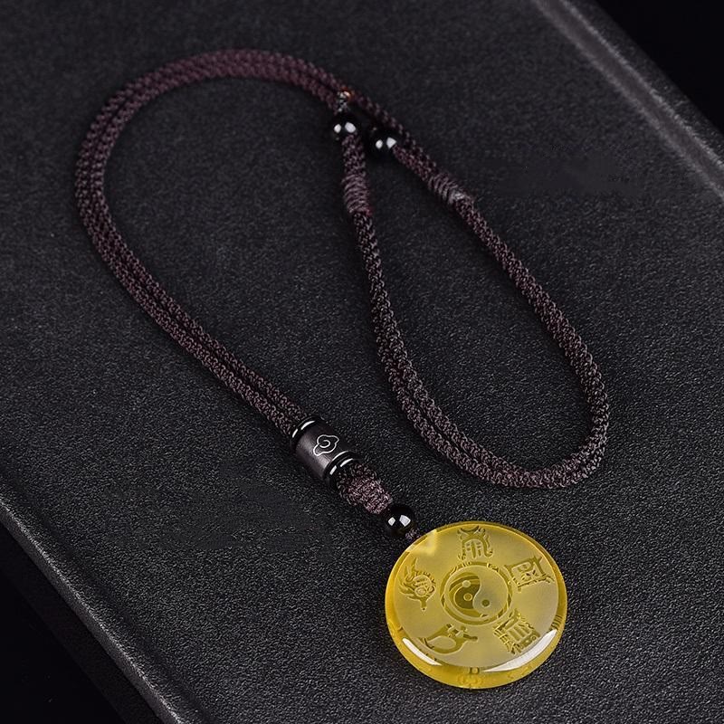 Citrine Yin-Yang Pendant - Taoist Four Symbols on yellow crystal disc, Chinese spiritual amulet necklace