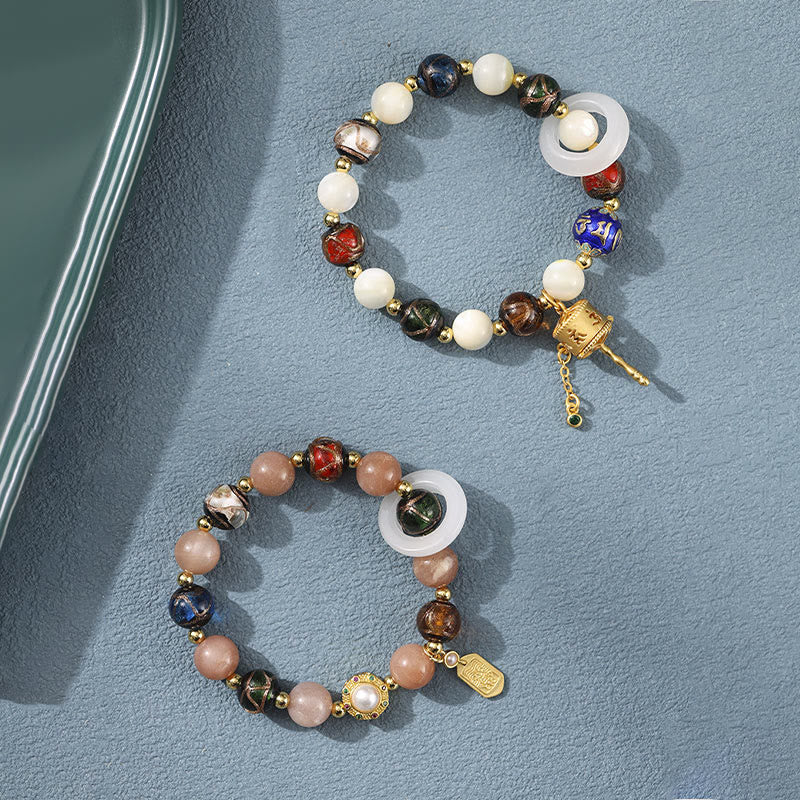 Liuli Glass Prayer Wheel Bracelet – Two colorways displayed together, mixed stone and enamel beads