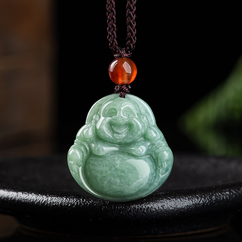 Laughing Buddha Cyan Jade Necklace Success – Bright cyan jade pendant depicting joyful Hotei, career success amulet