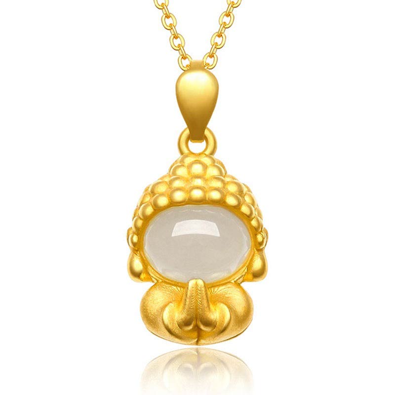 White Jade Buddha Success Pendant Necklace – Gold pendant with jade Buddha on chain, front view, empowerment jewelry