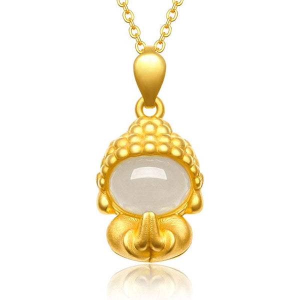 White Jade Buddha Success Pendant Necklace – Gold pendant with jade Buddha on chain, front view, empowerment jewelry