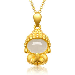 White Jade Buddha Success Pendant Necklace – Gold pendant with jade Buddha on chain, front view, empowerment jewelry