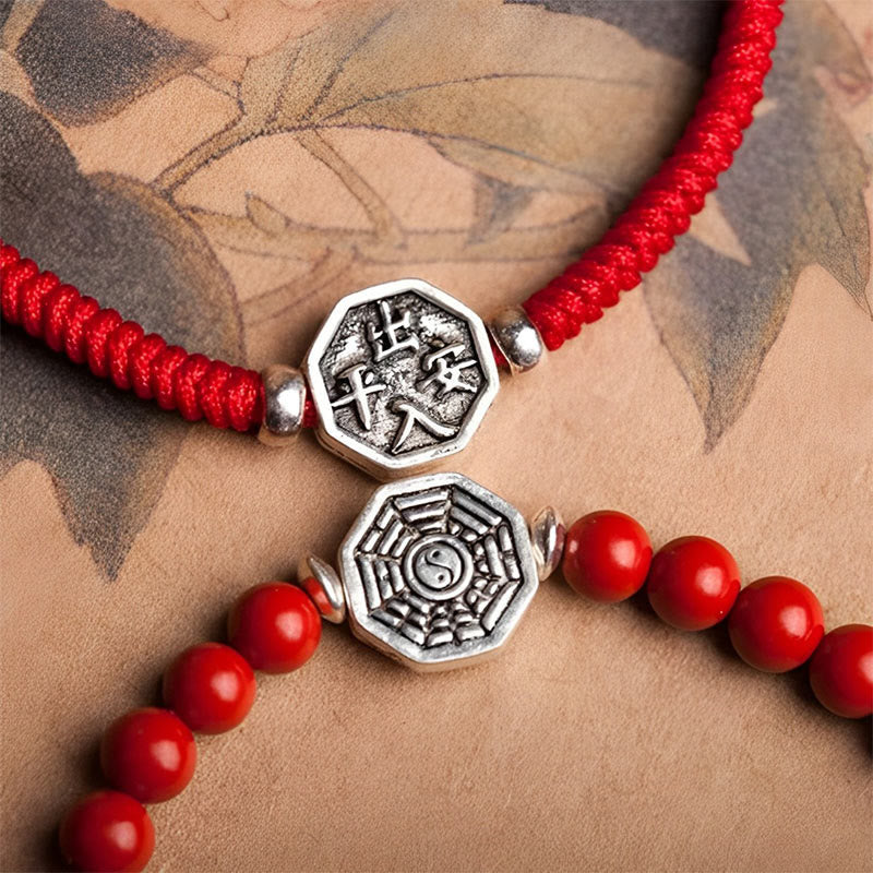 925 Sterling Silver Yin Yang Bagua Cinnabar Bracelet – Red cord and beaded bracelets paired with silver Bagua charms, ink-was