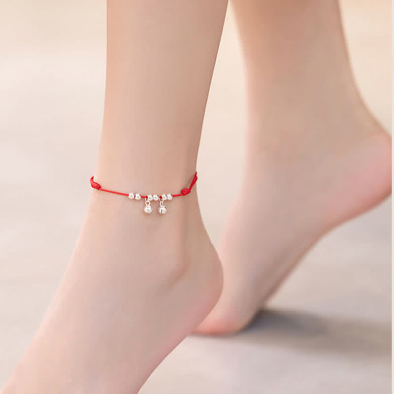 925 Sterling Silver Red String Bell Charm Anklet, image 5