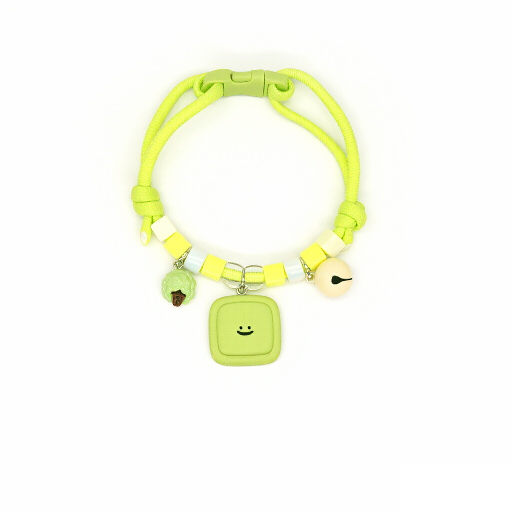 Lightweight Pet Collar – Lime green rope with smiley tag, acorn & cream bell, cute nature collar