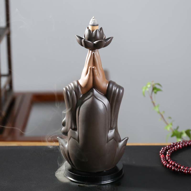 Buddha Lotus Incense Burner – Meditating figure with cascading smoke waterfall, Peaceful ambiance