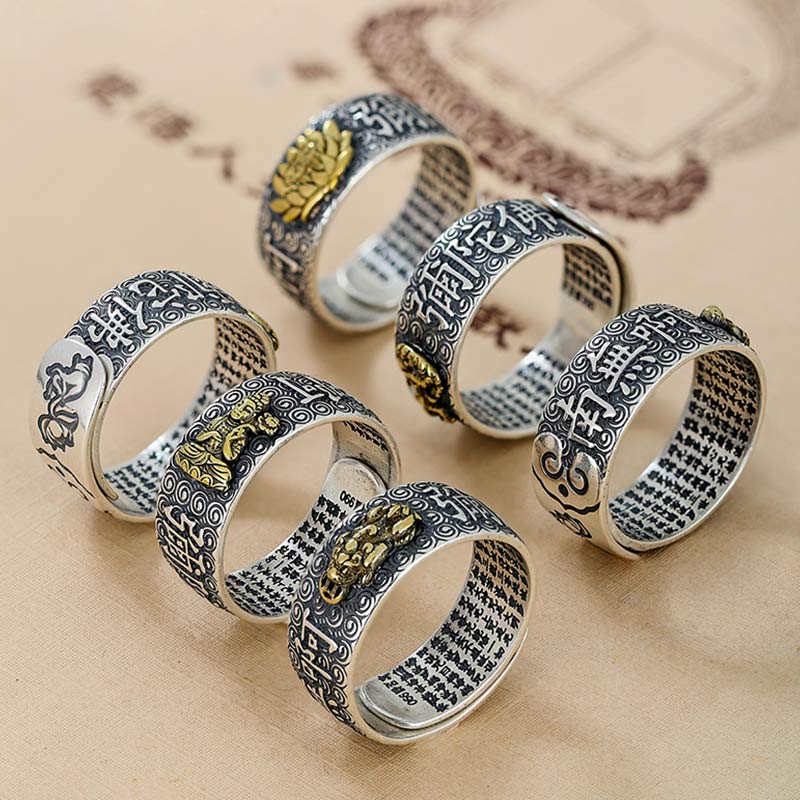 Natal Buddha Ring - Six variant rings on beige surface lotus pixiu designs, Spiritual