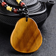 Natural Stone Buddha Success Bracelet – full necklace with beaded cord and laughing Buddha pendant, black teapot display, cul