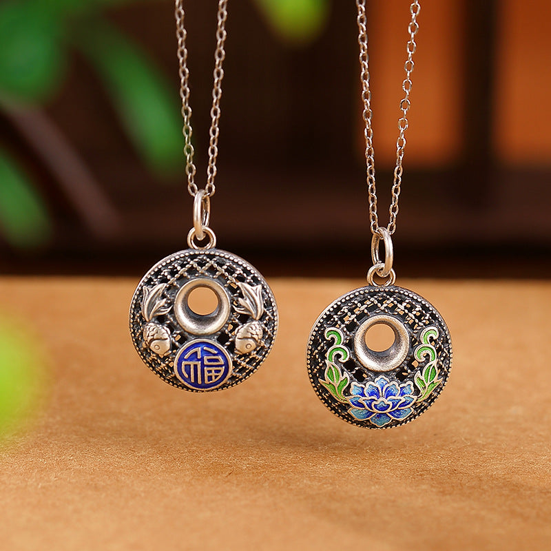 999 Silver Koi Lotus Necklace – front view of koi and fu character pendant, peace buckle