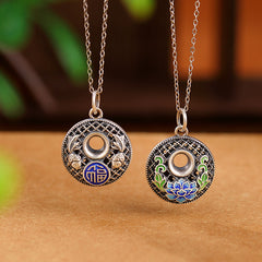 999 Silver Koi Lotus Necklace – front view of koi and fu character pendant, peace buckle