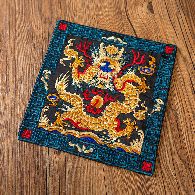Phoenix Dragon Kirin Embroidery Tea Cup Mat - Black base teal gold dragon shou chars, Dragon Power