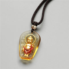 Tibetan Buddha Liuli Crystal Necklace – full chain and clasp detail, adjustable cord or metal chain display