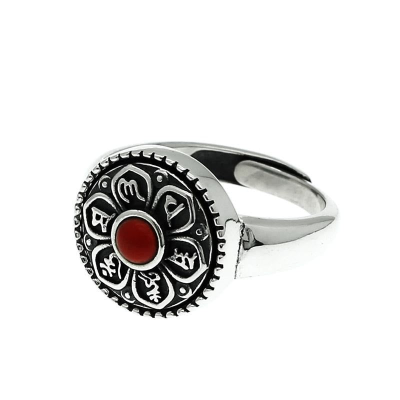 Tibetan Om Mani Padme Hum Ring – Blue stone on dark wood, Tibetan copper ring