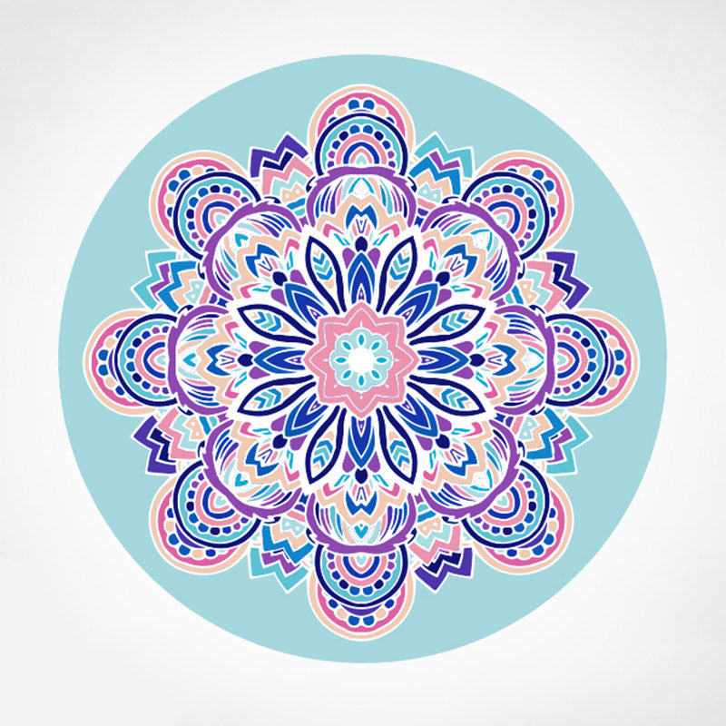 Lotus Mandala Yoga Mat – Eight-petal mandala in navy blue, purple and pink on light blue circle, symmetrical