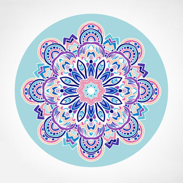 Lotus Mandala Yoga Mat – Eight-petal mandala in navy blue, purple and pink on light blue circle, symmetrical