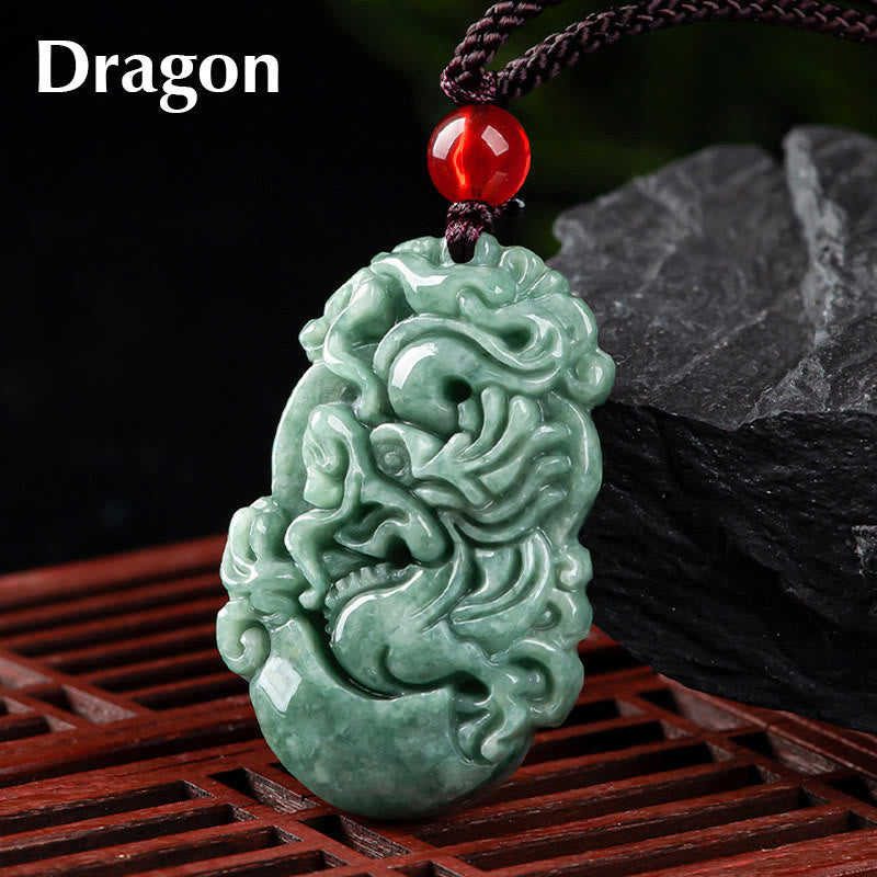 Jade Zodiac Prosperity Necklace – Labeled dragon carving on wooden lattice, black backdrop, powerful
