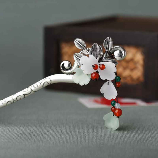 Red Agate Jade Flower Hair Pin, silver hairpin with white jade flowers and red agate beads, side angle view