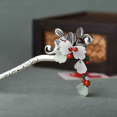 Red Agate Jade Flower Hair Pin, silver hairpin with white jade flowers and red agate beads, side angle view
