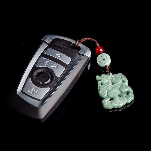 Jade Key Charm – Celadon pixiu jade pendant on black car key fob with braided cord, wealth protection charm