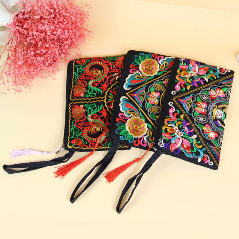 Dragon Butterfly Embroidery Wallet - Three clutches side by side on white, tassels, Varied