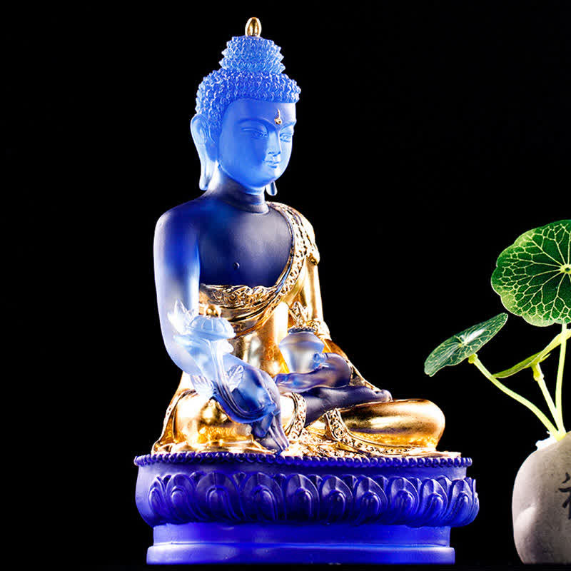 Medicine Buddha Liuli Crystal Statue Handmade Home Office Decoration – small desk corner liuli, workplace wellness protection