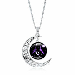 Zodiac Moon Protection Copper Necklace - Silver crescent moon pendant with Gemini constellation cabochon in purple on starry black background with rope chain